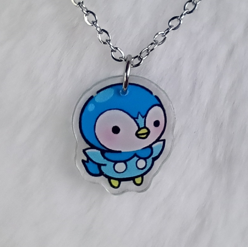 2/$10 Pokemon Stainless Steel Piplup Acrylic Charm Necklace